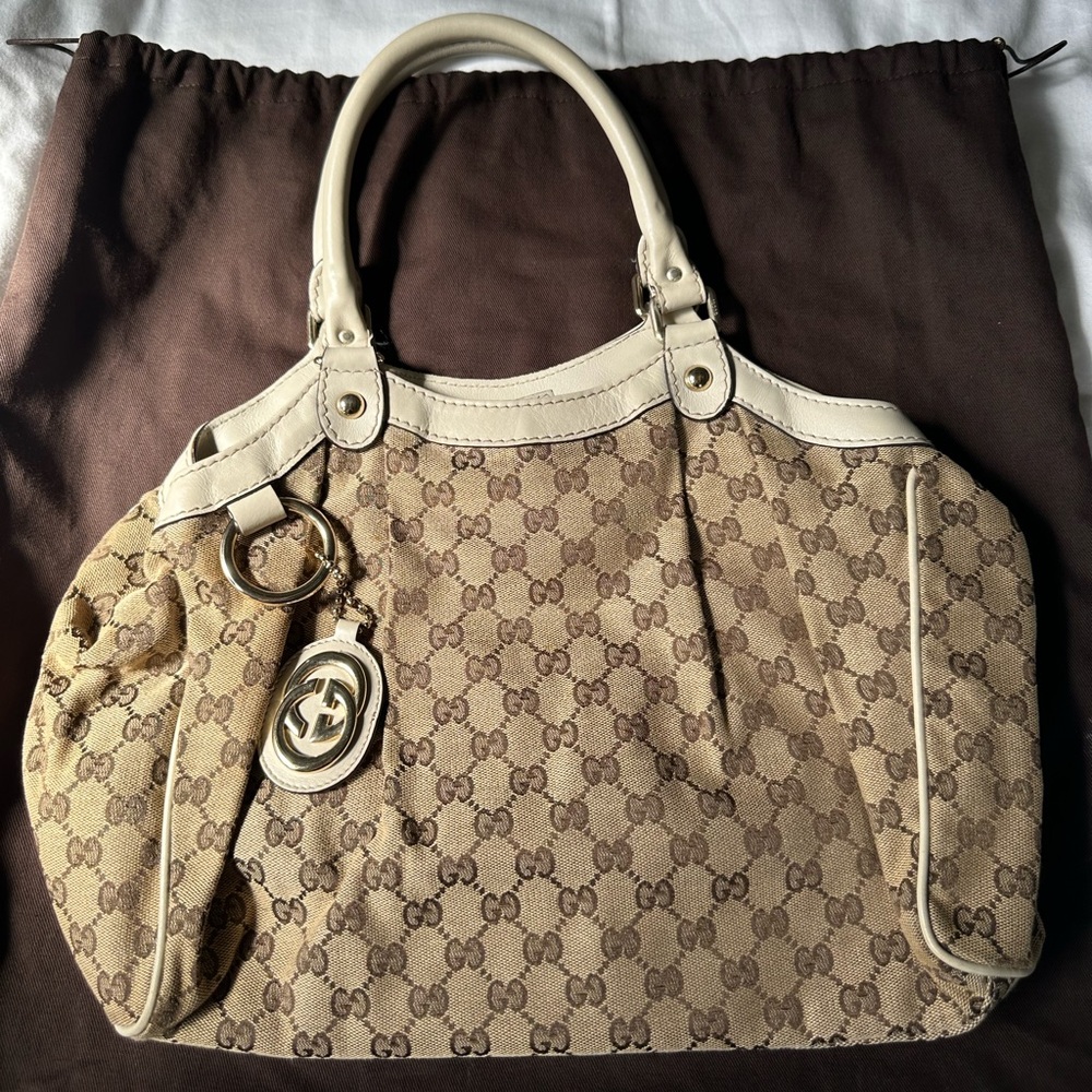 Gucci Brown GG Canvas Tote with Cream Leather Trim